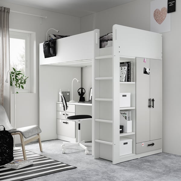 SMÅSTAD Lit mezzanine, blanc gris/avec bureau avec 4 tiroirs, 90x200 cm