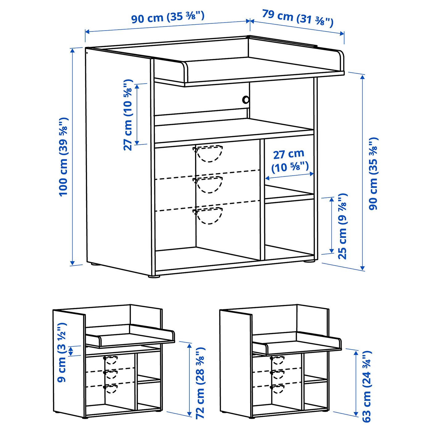 Table à Langer + Commode Bébé évolutive - 3 Tiroirs, Portes, étagères - 110x100x40 Cm - Jusqu’à 100 Kg - 13