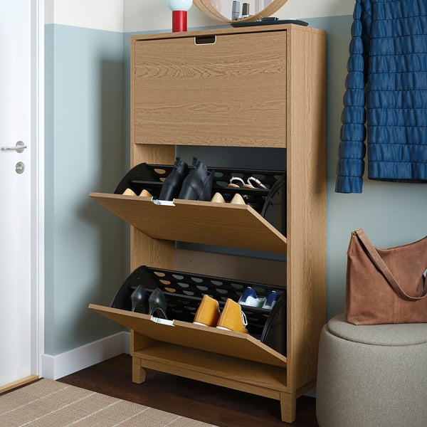 STÄLL Armoire à chaussures 3 casiers, plaqué chêne, 79x29x148 cm