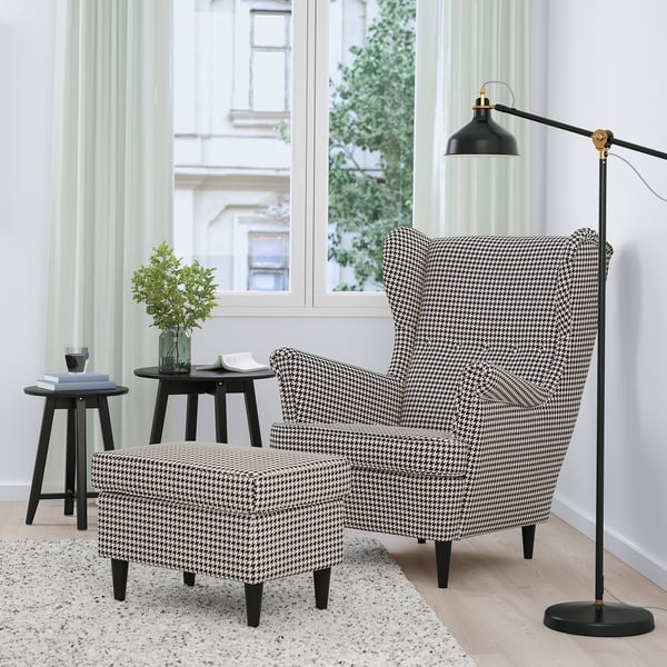 STRANDMON Fauteuil avec repose-pieds, Vibberbo noir/beige