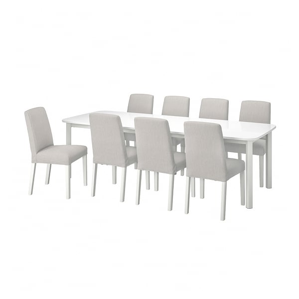 STRANDTORP / BERGMUND Table et 8 chaises, blanc/Orrsta gris clair, 150/205/260 cm