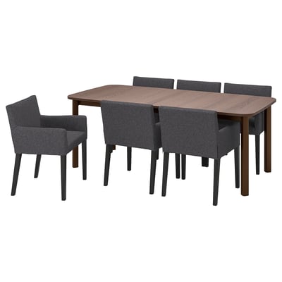 STRANDTORP / MÅRENÄS Table+6 fauteuils, brun/noir Gunnared gris foncé, 150/205/260 cm