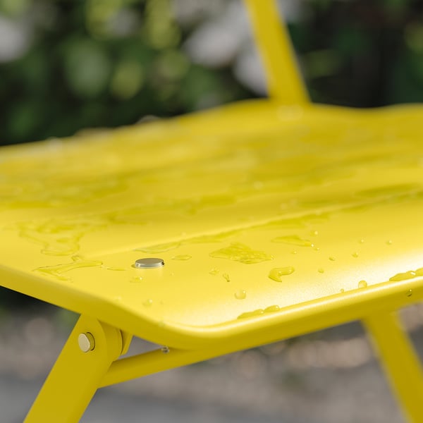 SUNDSÖ Table+ 2 chaises pliantes, extérieur jaune vif/jaune vif Kuddarna gris clair-beige, 65x65 cm