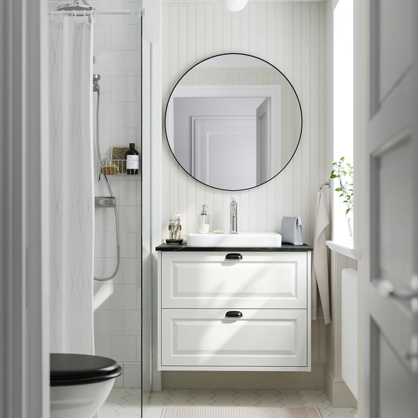 TÄNNFORSEN / ORRSJÖN Meuble lavabo avec tiroirs/vasque, blanc/noir marbré, 82x49x71 cm