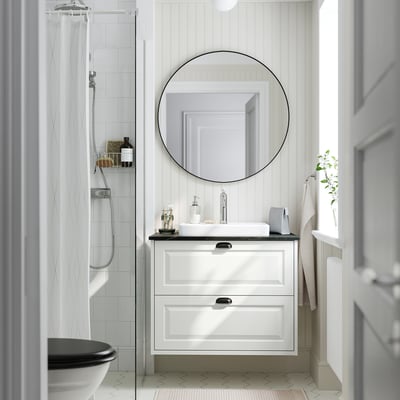 TÄNNFORSEN / ORRSJÖN Meuble lavabo avec tiroirs/vasque, blanc/noir marbré, 82x49x71 cm