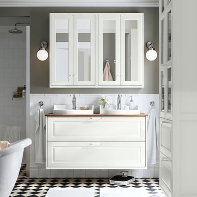 TÄNNFORSEN / RUTSJÖN Meuble av tiroirs/vasque/mitigeurs, blanc/brun motif noyer, 122x49x76 cm