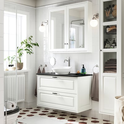 TÄNNFORSEN / VÄSTERSJÖN Meuble lavabo avec tiroirs/vasque, blanc/noir marbré, 102x49x79 cm