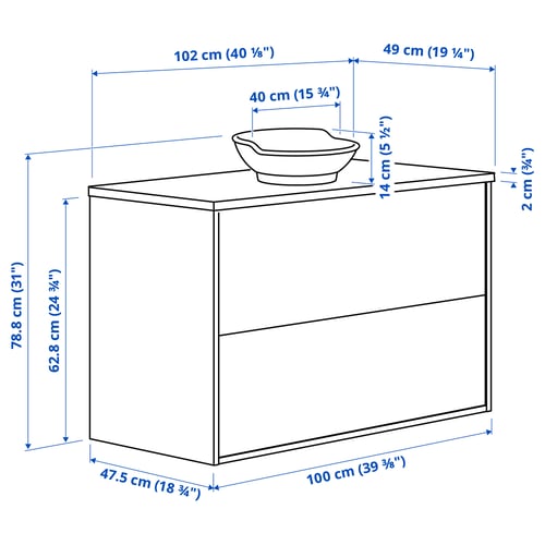 TÄNNFORSEN / VÄSTERSJÖN Meuble lavabo avec tiroirs/vasque, blanc/noir marbré, 102x49x79 cm