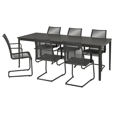 TEGELÖN / VÄSMAN Table+6 chaises accoudoir, ext, gris foncé/noir/noir