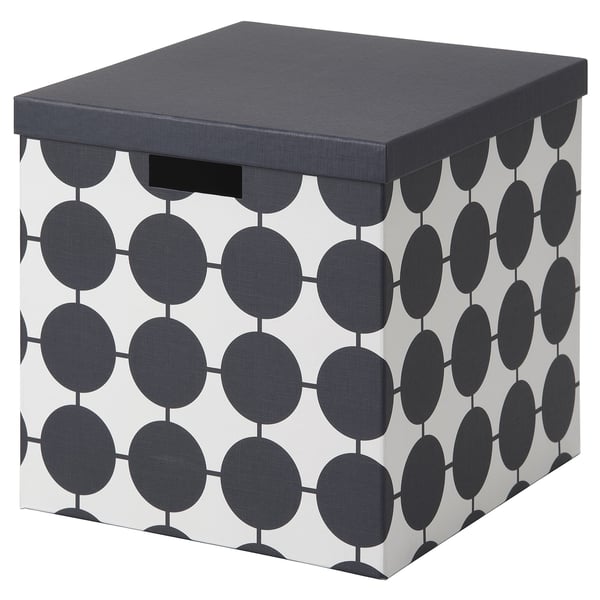 TJENA Boîte de rangement avec couvercle, blanc noir/à pois, 32x35x32 cm