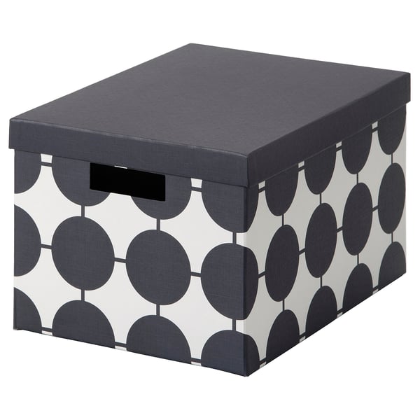 TJENA Boîte de rangement avec couvercle, blanc noir/à pois, 25x35x20 cm