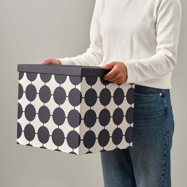 TJENA Boîte de rangement avec couvercle, blanc noir/à pois, 32x35x32 cm