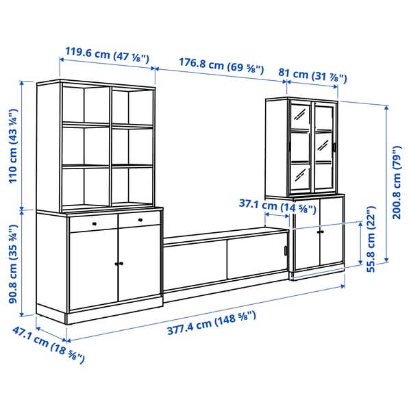 TONSTAD Combinaison meuble TV, blanc cassé/verre transparent, 377x47x201 cm