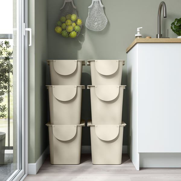 TRÖSKNING Poubelle avec couvercle, beige clair, 12 l