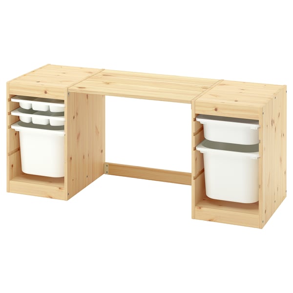 TROFAST Bureau av boîtes/plateaux rangement, pin teinté blanc clair/blanc blanc, 124x44x52 cm