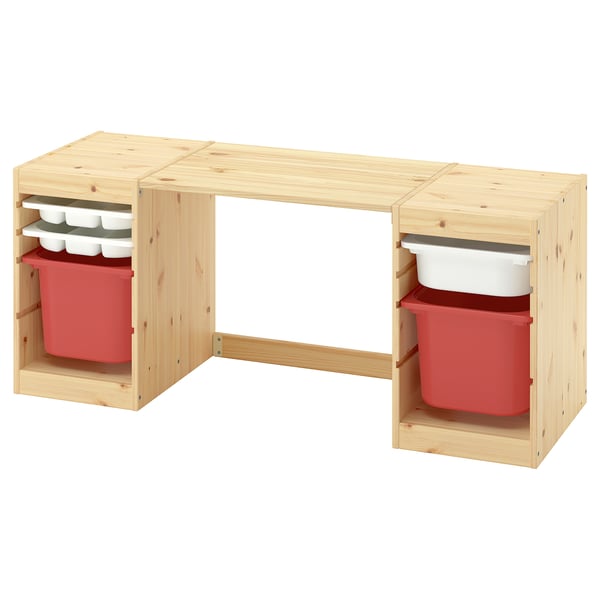 TROFAST Bureau av boîtes/plateaux rangement, pin teinté blanc clair/blanc rouge, 124x44x52 cm