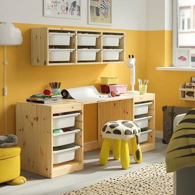 TROFAST Bureau avec boîtes de rangement, pin teinté blanc clair blanc, 124x44x52 cm