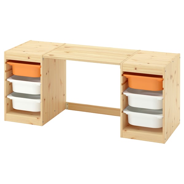 TROFAST Bureau avec boîtes de rangement, pin teinté blanc clair/orange clair blanc, 124x44x52 cm