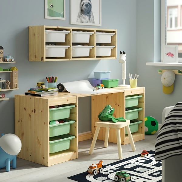 TROFAST Bureau avec boîtes de rangement, pin teinté blanc clair vert clair, 124x44x52 cm