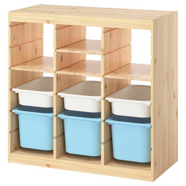 TROFAST Combinaison de rangement, avec tablettes/boîtes séparateur de pièce/pin teinté blanc clair bleu clair, 93x44x91 cm