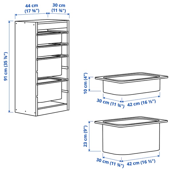 TROFAST Combinaison structure + bacs, pin teinté blanc clair blanc/vert vif, 44x30x91 cm
