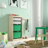 TROFAST Combinaison structure + bacs, pin teinté blanc clair blanc/vert vif, 44x30x91 cm