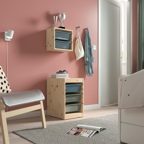 TROFAST Combinaison structure + bacs, pin teinté blanc clair bleu gris/gris vert clair, 32x44x52 cm