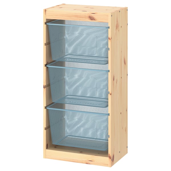 TROFAST Combinaison structure + bacs, pin teinté blanc clair/bleu gris, 44x30x91 cm
