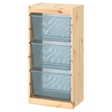 TROFAST Combinaison structure + bacs, pin teinté blanc clair/bleu gris, 44x30x91 cm