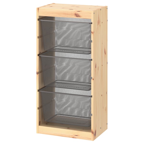 TROFAST Combinaison structure + bacs, pin teinté blanc clair/gris foncé, 44x30x91 cm