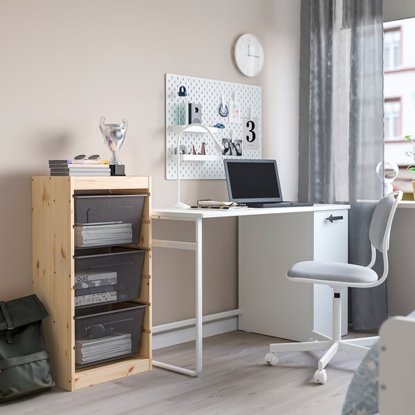 TROFAST Combinaison structure + bacs, pin teinté blanc clair/gris foncé, 44x30x91 cm