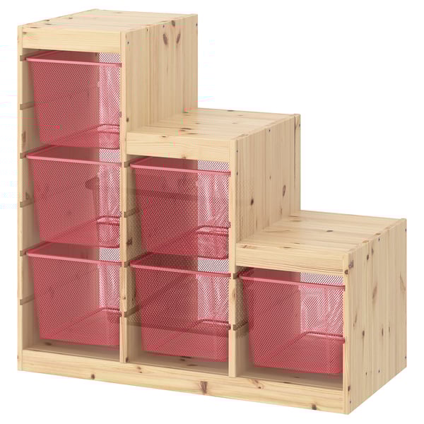 TROFAST Combinaison structure + bacs, pin teinté blanc clair/rouge clair, 94x44x91 cm