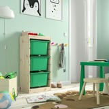 TROFAST Combinaison structure + bacs, pin teinté blanc clair/vert vif, 44x30x91 cm