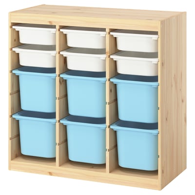 TROFAST Combinaison structure + bacs, séparateur de pièce pin teinté blanc clair/blanc bleu clair, 93x44x91 cm