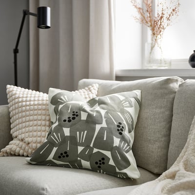 UNDERBLOMMA Housse de coussin, blanc/gris-vert clair, 50x50 cm