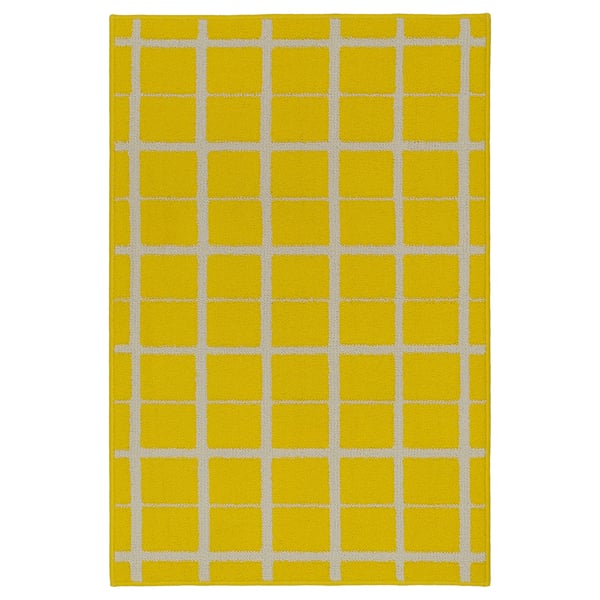 VÄNDPLATS Tapis, poils ras, jaune/à carreaux, 60x90 cm