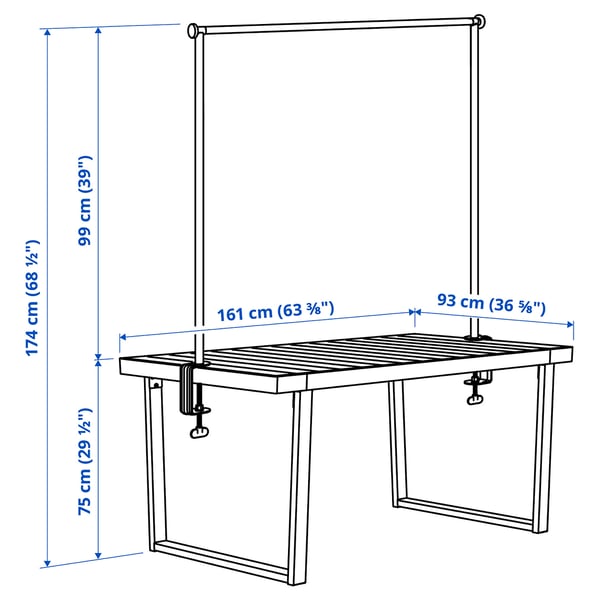 VÄRMANSÖ / HELGEÖ Table avec barre décorative, extérieur gris foncé/noir, 161 cm
