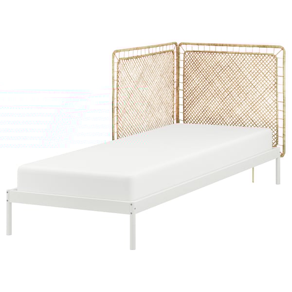 VEVELSTAD Cadre de lit avec 2 têtes de lit, blanc/Tolkning rotin, 90x200 cm