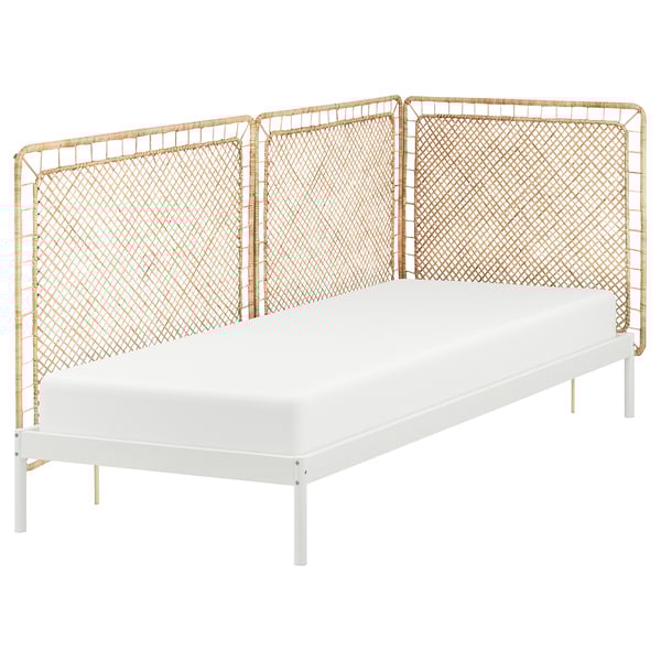 VEVELSTAD Cadre de lit avec 3 têtes de lit, blanc/Tolkning rotin, 90x200 cm