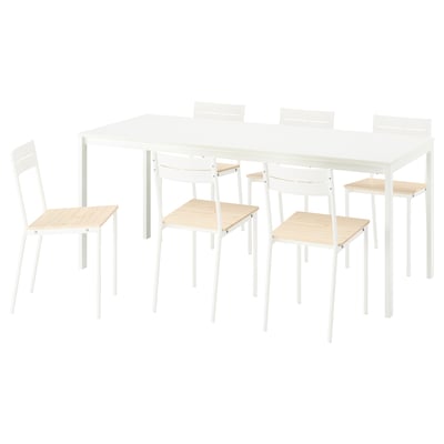 VIHALS / BUSLÄTT Table et 6 chaises, blanc/blanc pin, 120/180x74 cm