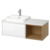 ÄNGSJÖN / BACKSJÖN Mobile lavabo/lavabo/miscelatore, bianco lucido/effetto rovere/bianco effetto marmo, 102x49x41 cm
