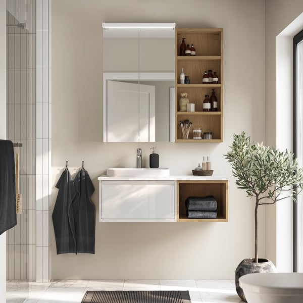 ÄNGSJÖN / BACKSJÖN Mobile lavabo/lavabo/miscelatore, bianco lucido/effetto rovere/bianco effetto marmo, 102x49x41 cm