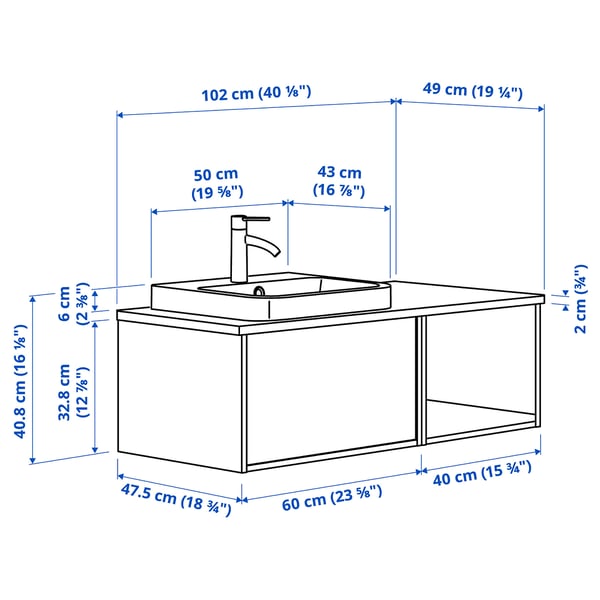 ÄNGSJÖN / BACKSJÖN Mobile lavabo/lavabo/miscelatore, bianco lucido/effetto rovere/bianco effetto marmo, 102x49x41 cm