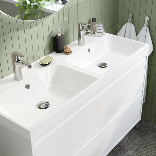 ÄNGSJÖN / BACKSJÖN Mobile lavabo/lavabo/miscelatori, lucido bianco, 120x49x69 cm