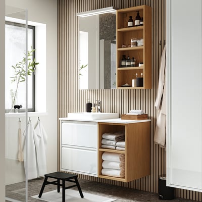 ÄNGSJÖN / BACKSJÖN Mobile per lavabo/lavabo, bianco lucido/effetto rovere/bianco effetto marmo, 102x49x71 cm