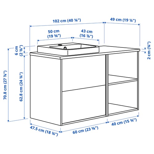 ÄNGSJÖN / BACKSJÖN Mobile per lavabo/lavabo, bianco lucido/effetto rovere/bianco effetto marmo, 102x49x71 cm