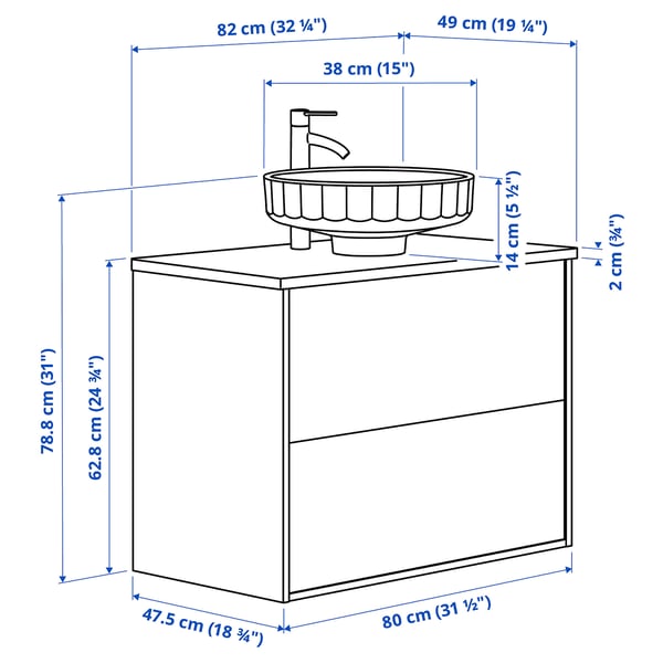 ÄNGSJÖN / LERSJÖN Mobile lavabo/cassetti/lavabo/misc, effetto rovere/bianco effetto marmo, 82x49x79 cm