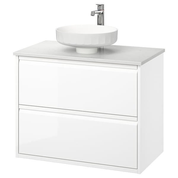 ÄNGSJÖN / LERSJÖN Mobile lavabo/cassetti/lavabo/misc, lucido bianco/bianco effetto marmo, 82x49x79 cm