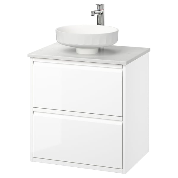 ÄNGSJÖN / LERSJÖN Mobile lavabo/cassetti/lavabo/misc, lucido bianco/bianco effetto marmo, 62x49x79 cm