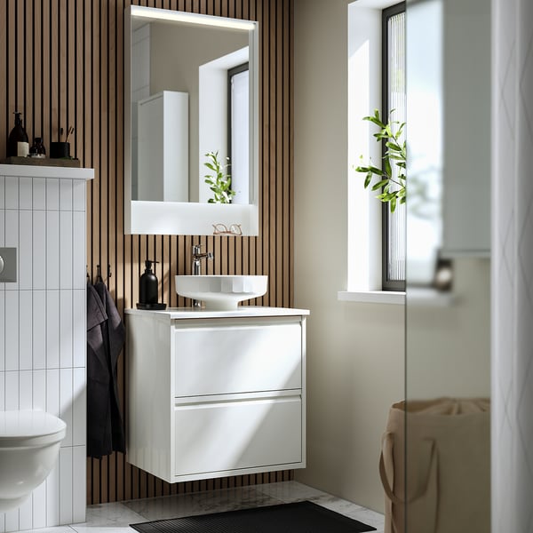 ÄNGSJÖN / LERSJÖN Mobile lavabo/cassetti/lavabo/misc, lucido bianco/bianco effetto marmo, 62x49x79 cm